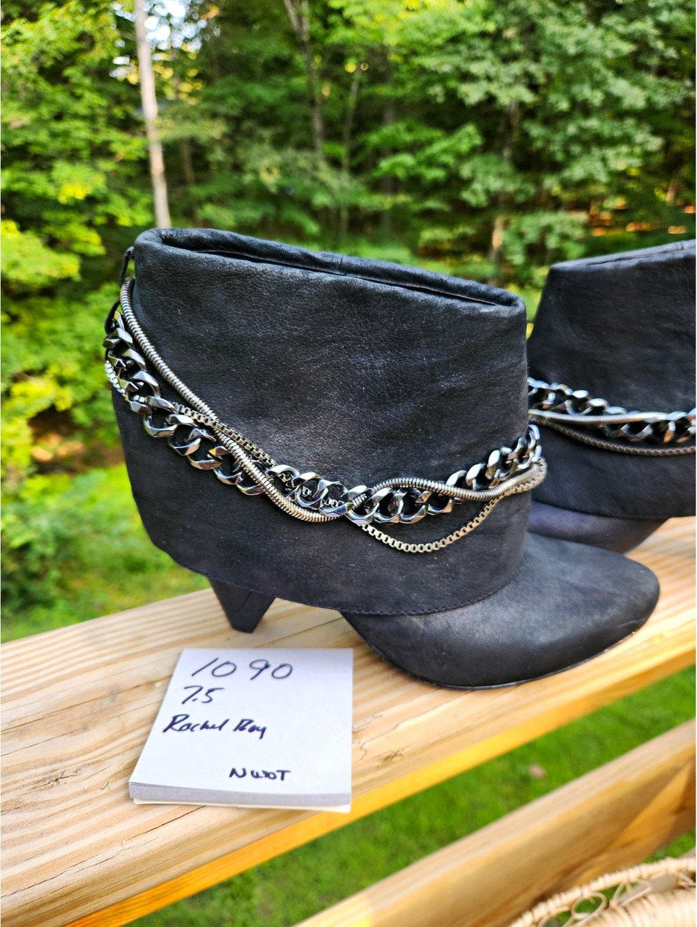 Rachel Roy Women’s Black Suede Ankle Bootie Chain & Zip Accent Almond Toe US 7.5